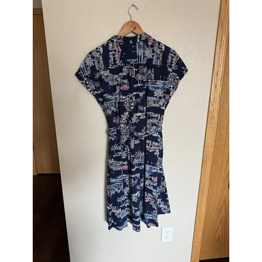 Old Navy Novelty Print Shirt Dress Large Scenic Village Print Navy